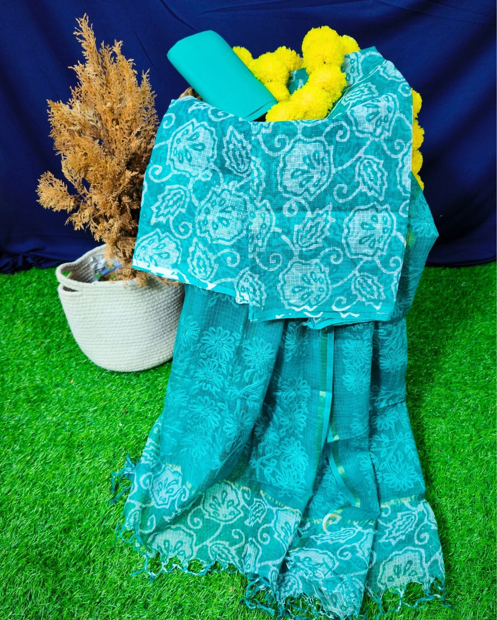 Pure Cotton Kota Doria Suit (Top+Bottom+Dupatta) Teal Green Color with heavy embroidered Dupatta - IndieHaat