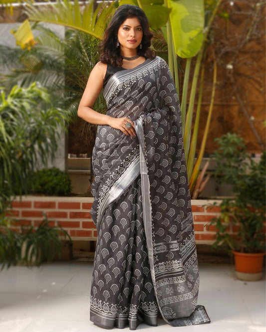 Slub Linen Saree Dark Grey Color Batik Print with running blouse - IndieHaat