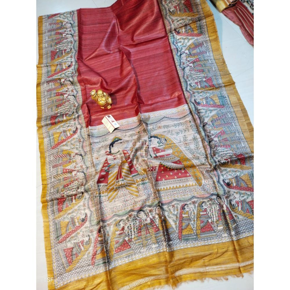 Silkmark Certified Tussar Silk Madhubani Block Print Red Saree with Blouse-Indiehaat