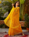 Pure Cotton Kota Doria Saree Goldenrod Yellow Color Jaal Embroidery with running blouse - IndieHaat