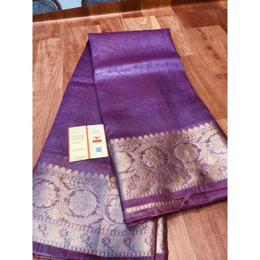 Silk Linen Banarasi Brocade Handloom Purple Saree with Blouse-Indiehaat