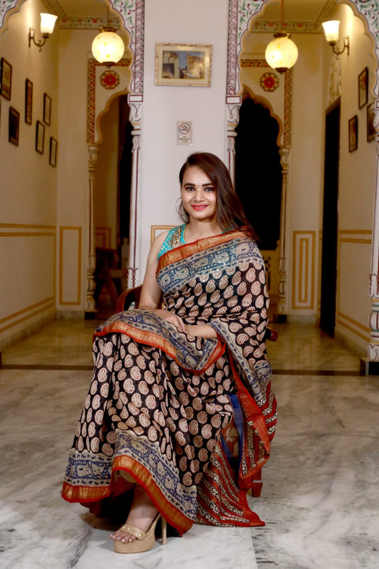 Pure Maheshwari Silk Saree Brown Hand block Printed with running blouse (Silk by Silk)-Indiehaat