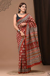 Pure Chanderi Silk  Red Saree Handblock Printed with running blouse