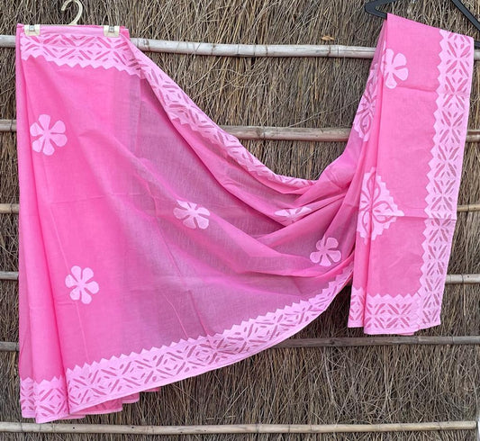 Organdy Cotton Saree Applique work Hot Pink Colour with running blouse-Indiehaat