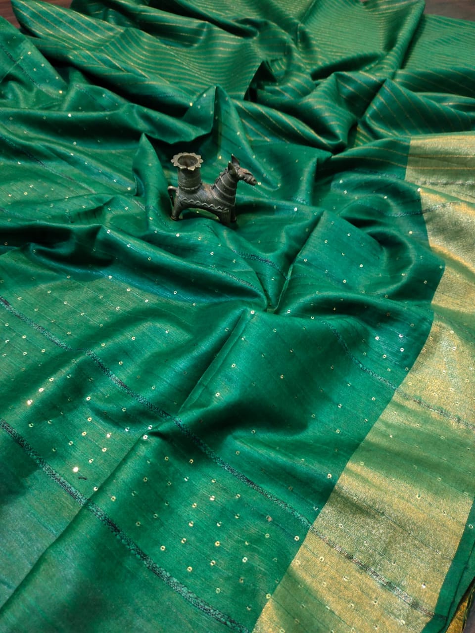 Kota Slub Striped Body Sequence Pallu Hand Dyed Green Saree with Blouse-Indiehaat