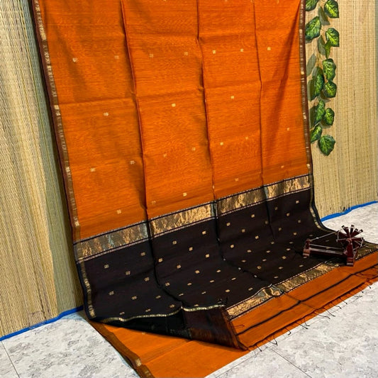 Maheshwari Silk Saree Butta Body Spanish Orange Color with golden zari weaving border and running blouse (Butta Design) - IndieHaat
