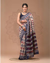 Maheshwari Silk Saree beige Handblock Printed With running blouse (Silk by Silk)