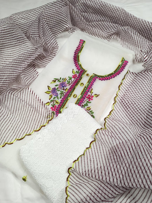 Kota Doria Embroidery White Suit Material with Leheriya Brown Dupatta and Chikenkari Bottom-Indiehaat