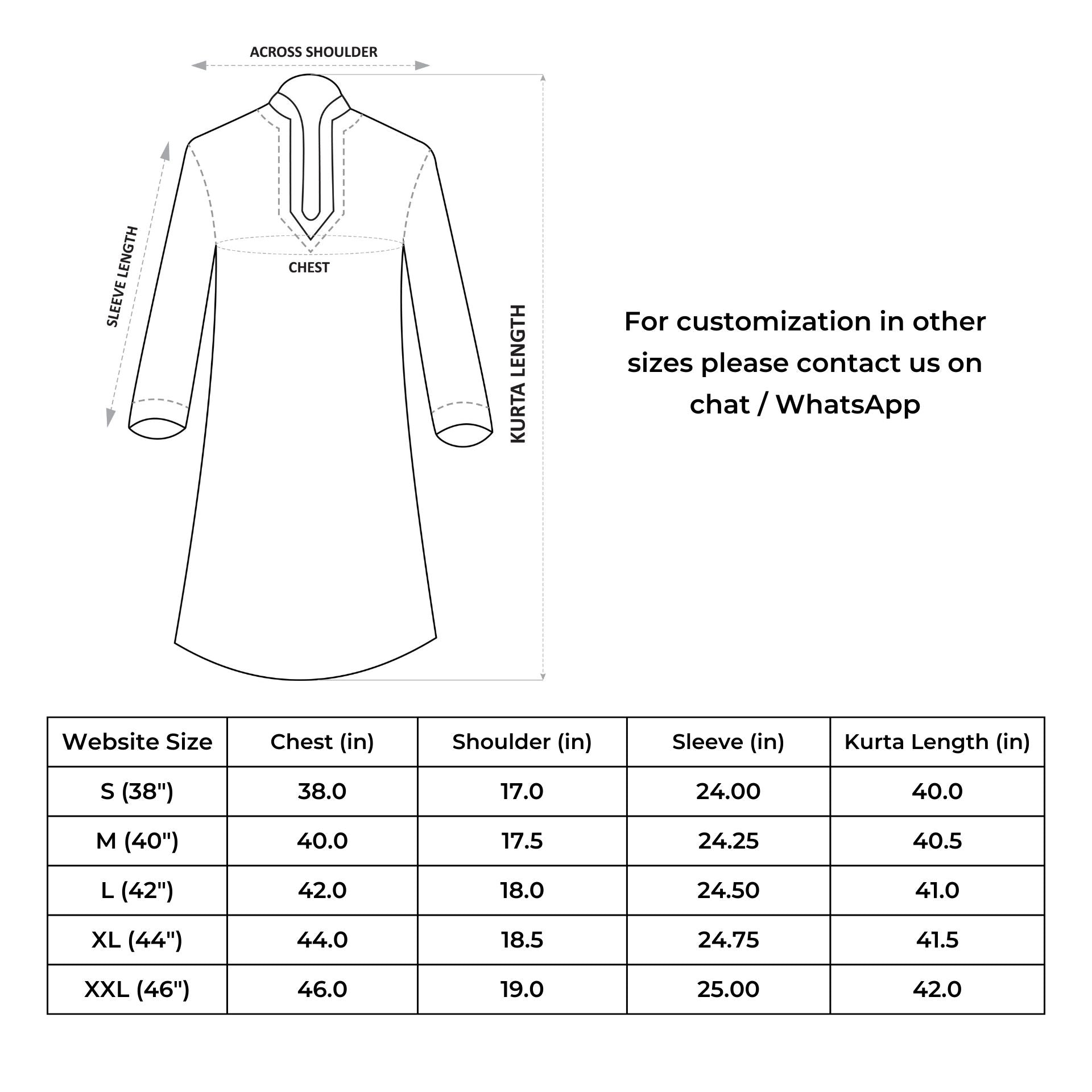 Size chart for IndieHaat products - Men's Kurta