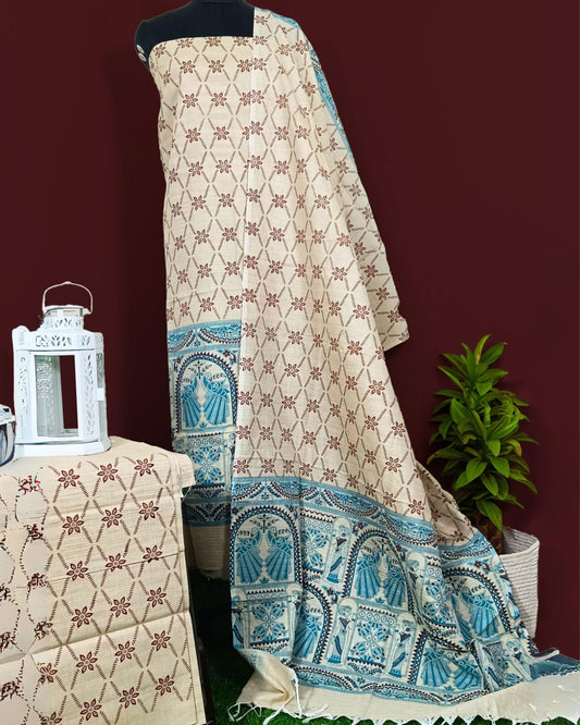 Khadi Silk Suit Beige Multicolor Madhubani Print (Top+Bottom) with Bandhini Dupatta