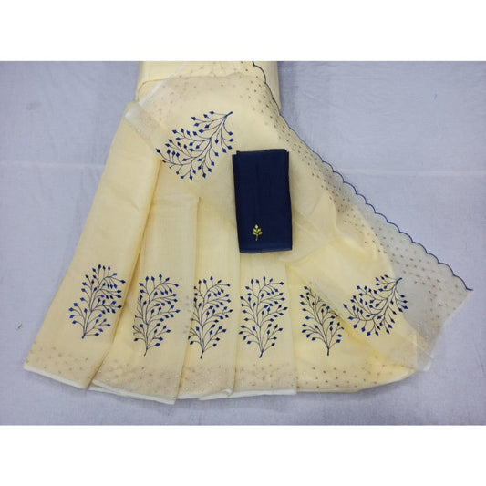 Kota Doria Embroidery Yellow Saree with blouse Handcrafted-Indiehaat