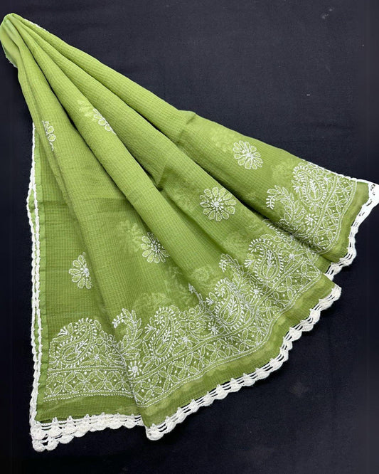 Indiehaat | Kota Doria Dupatta Green Color with Chikankari and Crochet Work