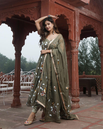 Organza Stitched Suit Gray Olive Color Hand painted - IndieHaat