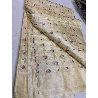 Silkmark Certified Pure Tussar Silk Embroidered Handloom Biege color Saree with Blouse (Tussar by Tussar)-Indiehaat