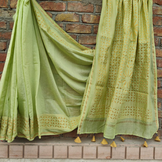 Chanderi Silk Green Saree Hand Applique Work with running blouse-Indiehaat