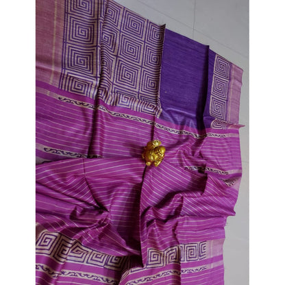 Silkmark Certified Tussar Silk Handloom Handblock Printed Purple and Pink Saree with Blouse-Indiehaat