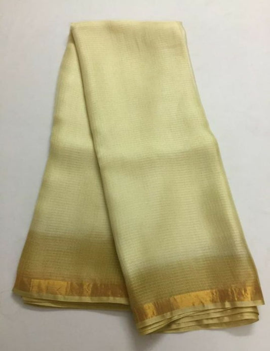 Pure Silk Kota Doria Sarees Tahuna Sands Yellow Color with running blouse-Indiehaat
