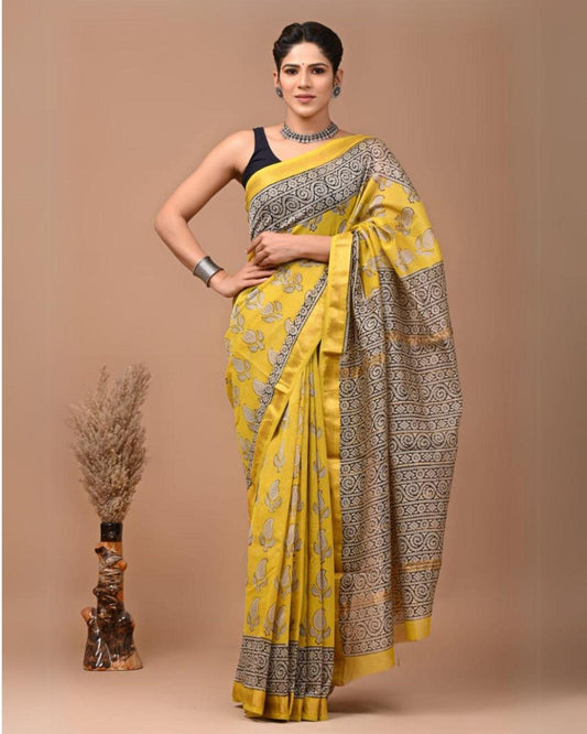 Maheshwari Silk Saree yellow Handblock Printed With running blouse (Silk by Silk)