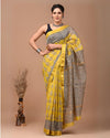 Maheshwari Silk Saree yellow Handblock Printed With running blouse (Silk by Silk)