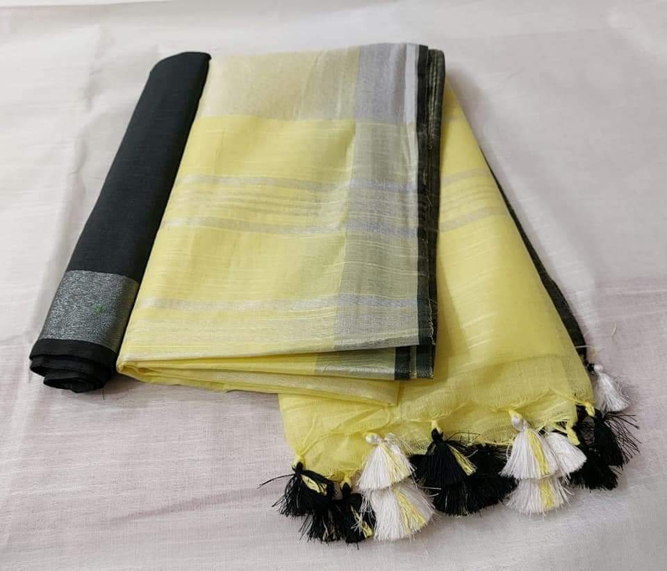 Pure Linen Hand Dyed Yellow Saree with Contrast Blouse-Indiehaat