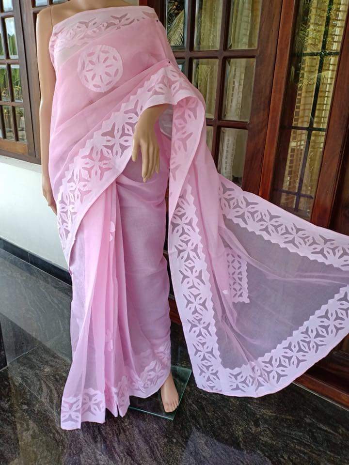 Organdy Cotton Saree Applique work Lilac Violet Colour with running blouse