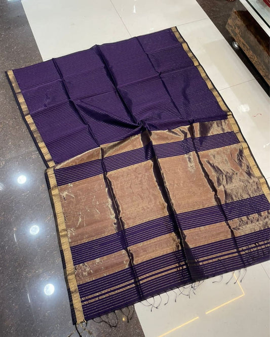 Maheshwari Handloom Silk Saree Dark Purple Color Zari Line Zari Pallu with running blouse - IndieHaat