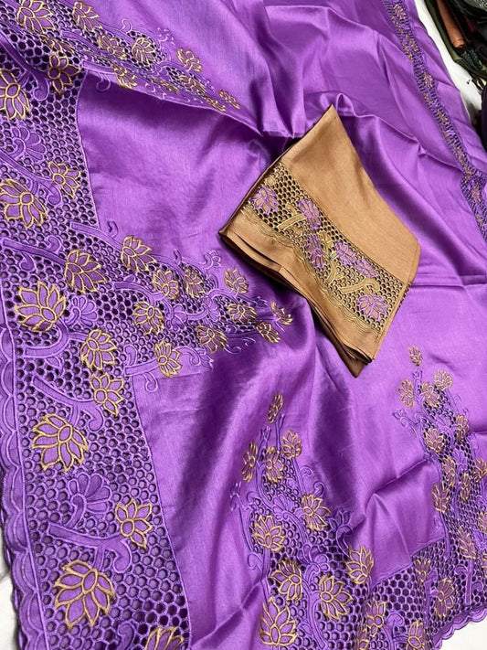 Silkmark Certified Pure Tussar Hand Cutwork Purple Color Saree (Tussar by Tussar Fabric) - IndieHaat
