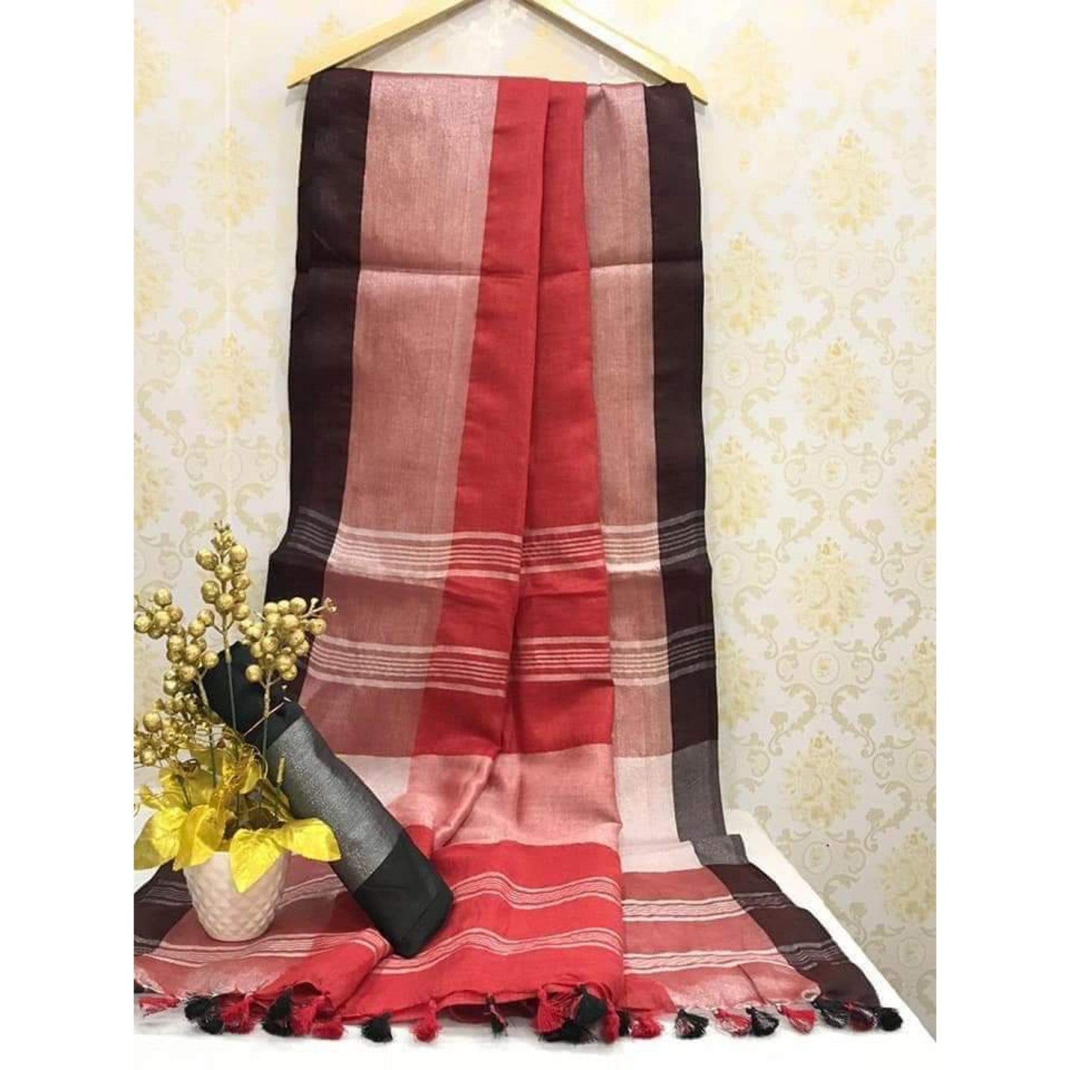 Handwoven Pure Linen Red Saree with Blouse-Indiehaat