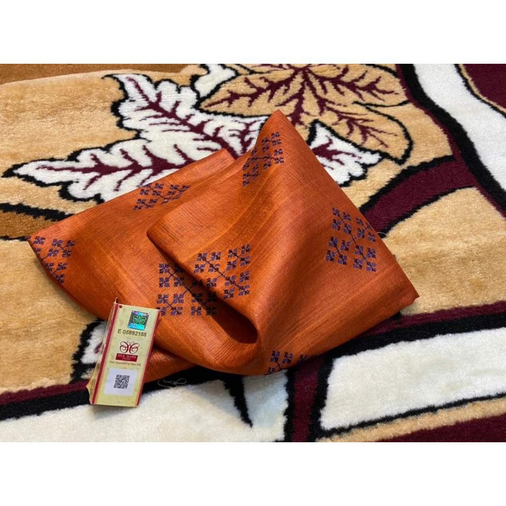 Silkmark Certifiied Pure Tussar Brown Silk Embroidered Handloom Saree (Tussar by Tussar) with Blouse-Indiehaat
