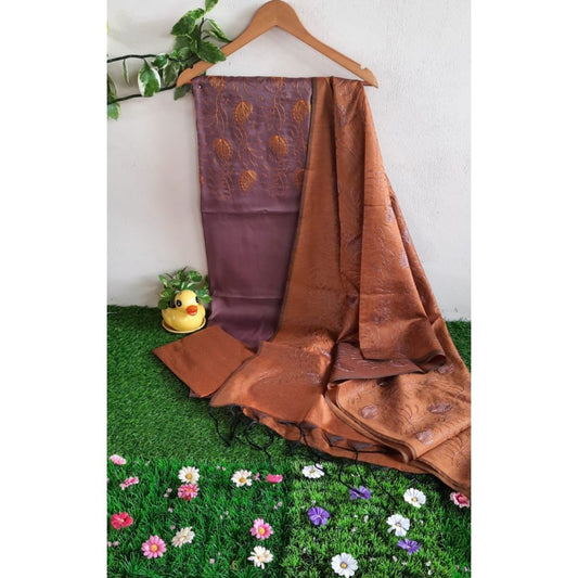 Katan Silk Lavender Suit Piece with Rust Brown Bottom and Dupatta Embroidered-Indiehaat