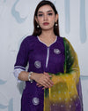 Pure Cotton Kota Doria Suits (Top+Bottom+Dupatta) Purple Color Stitch embroidery with Hand Bandhej work Dupatta - Indiehaat