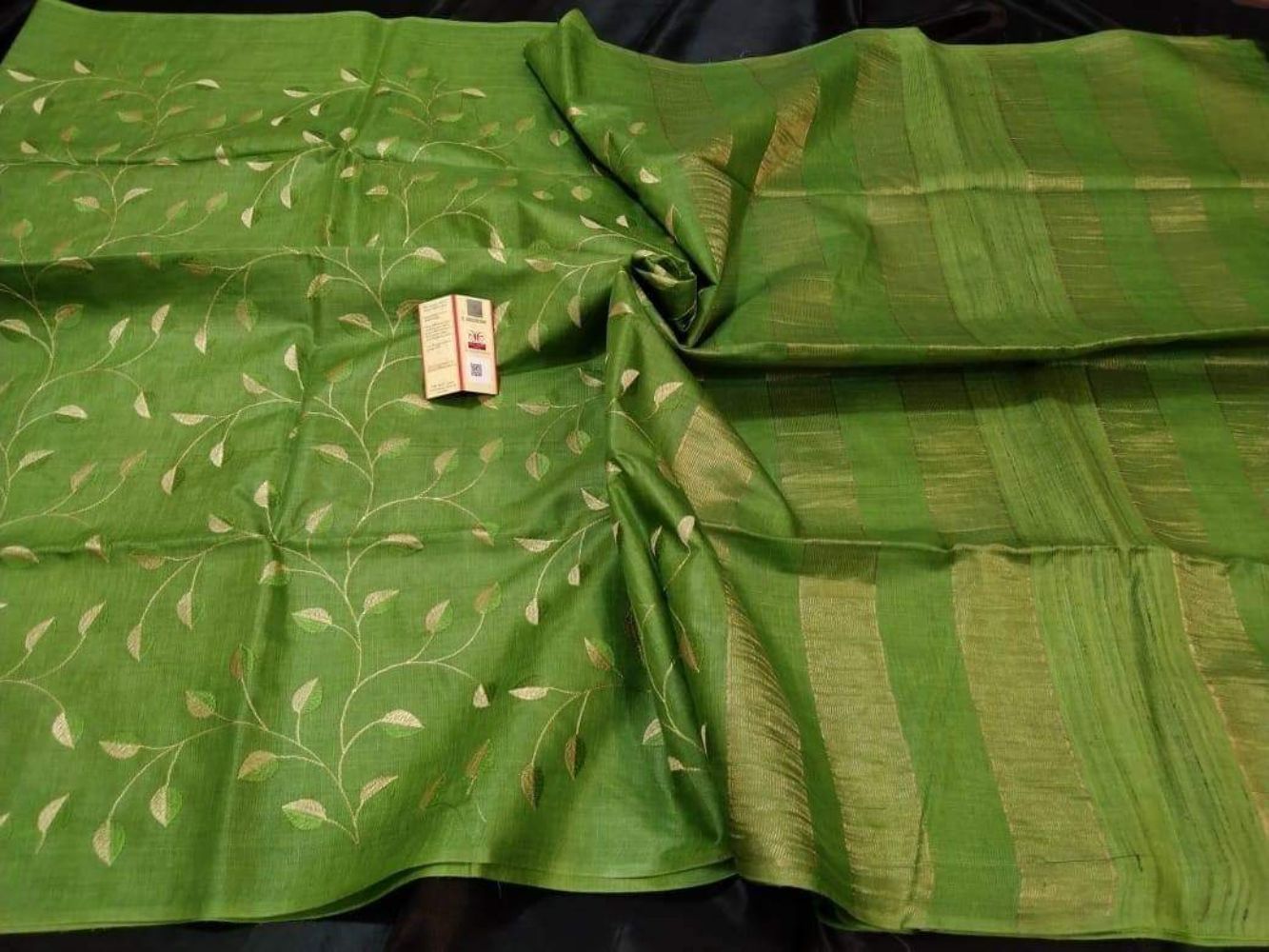 Silkmark Certified Eri Silk Embroidered Green Saree with Blouse-Indiehaat