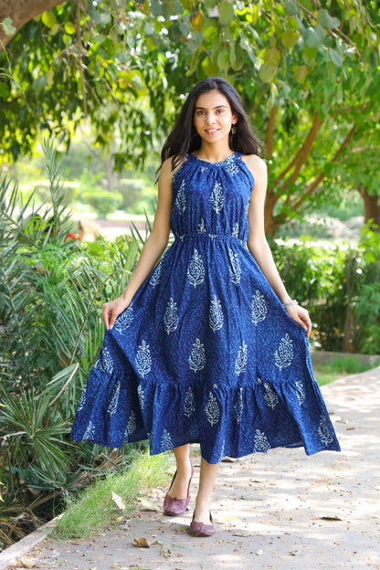 Pastel Blue Cotton Dress, Handblock Blue Floral Cotton Dress for