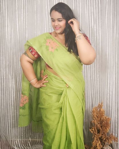 Kota Doria Pure Cotton Embroidered Saree Lime Green Color with blouse Handcrafted - IndieHaat