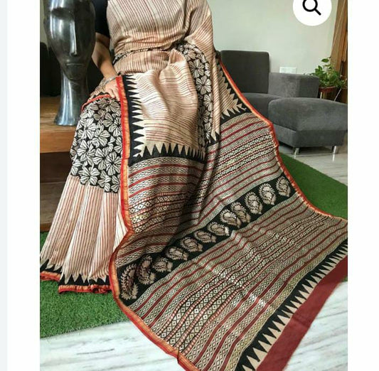  Chanderi Silk Saree Apricot White KalamKari Print 7%Off - IndieHaat