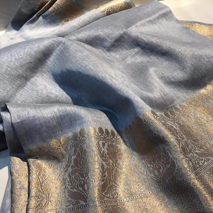Silk Linen Banarasi Brocade Weaving Handloom Grey Saree with Blouse-Indiehaat