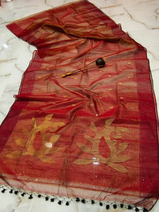 Tissue Muslin Saree Dark Red Color Jamdani Weaving with running blouse - IndieHaat