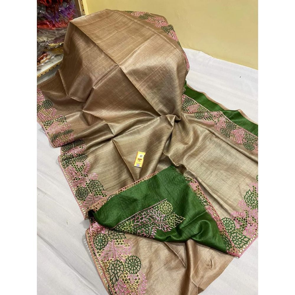 Silkmark Certified Pure Tussar Hand Cutwork Brown Saree with Contrast Blouse-Indiehaat