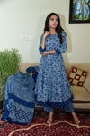 Anarakali Kurti Set Blue Color Bagru Handblock print with Mulmul Dupatta - IndieHaat