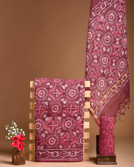 Kota Doria Suit (Top+Bottom+Dupatta) Red Color Handblock printed - IndieHaat