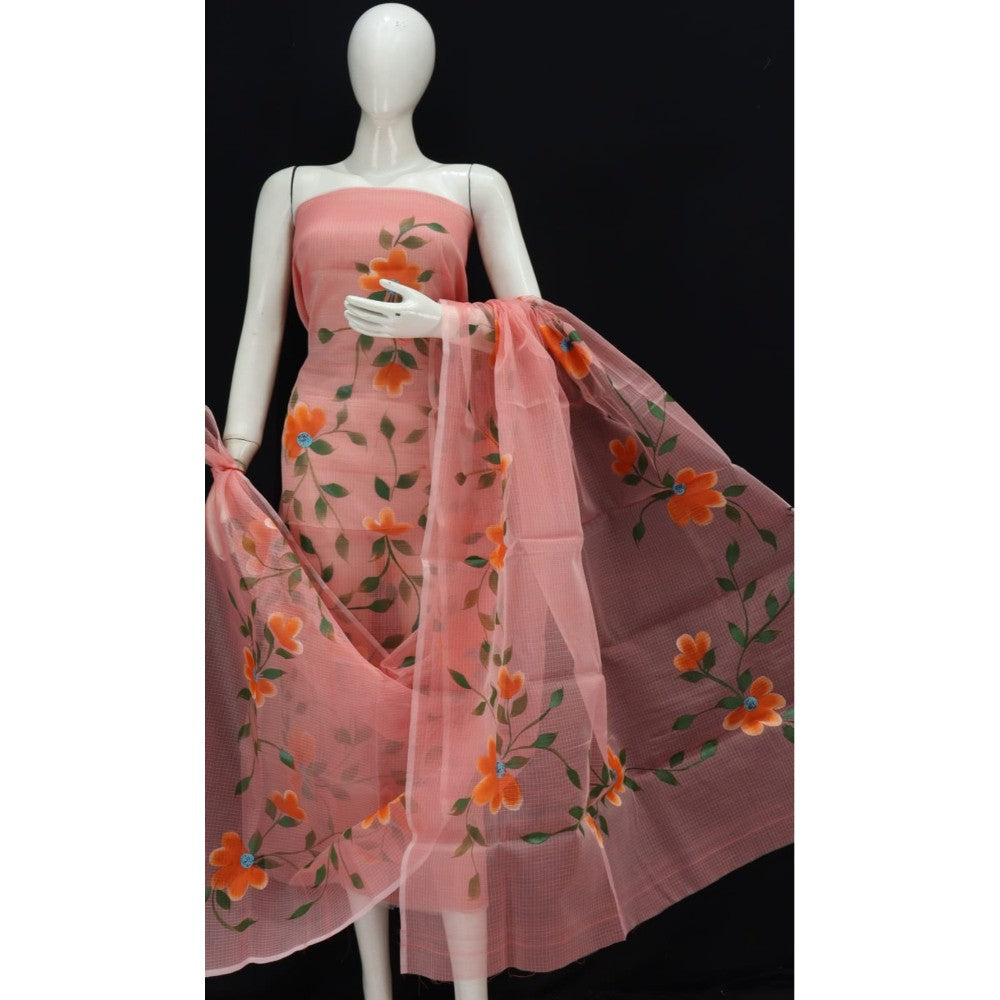 Kota Doria Pink Suit Material 2 Piece Hand Painted (Only Top And Dupatta)-Indiehaat