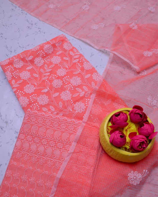 Kota Doria Suits Salmon Pink Color Embroidery Work (Top+Bottom+Dupatta) - IndieHaat