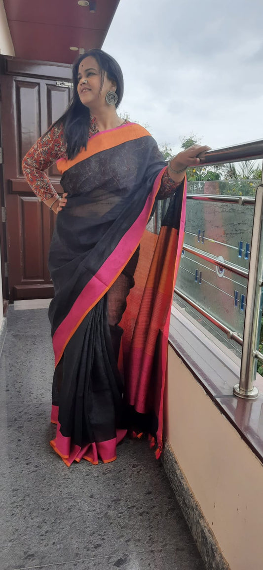 Handwoven Pure Linen Saree Black Color with Running Blouse and contrast border-Indiehaat