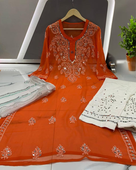 Georgette Chikankari Gala Buti Kurti Orange Color with Bottom, Dupatta and Inner - IndieHaat