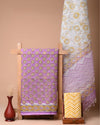 Kota Doria Suit (Top+Bottom+Dupatta) Purple Color Handblock printed - IndieHaat