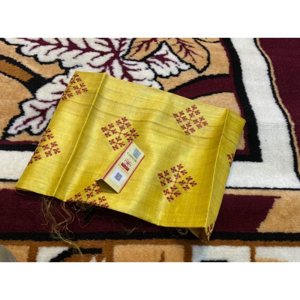 Silkmark Certifiied Pure Tussar Yellow Silk Embroidered Handloom Saree (Tussar by Tussar) with Blouse-Indiehaat