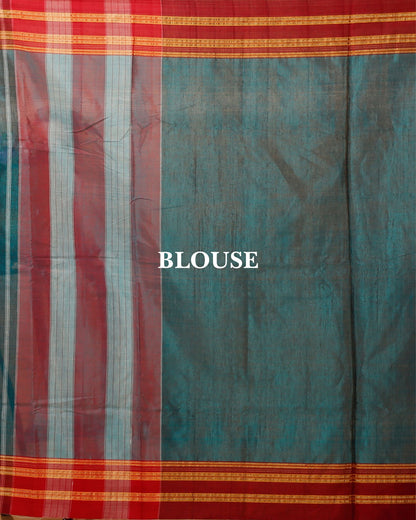 ILKAL Handloom Cotton Silk Saree Dark Turquoise Color with running blouse - IndieHaat