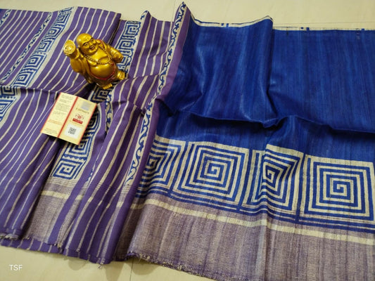 Silkmark Certified Tussar Silk Handloom Handblock Printed Blue and Purple Saree with Blouse-Indiehaat