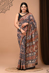 Pure Chanderi Silk  Blue  Saree Handblock Printed with running blouse