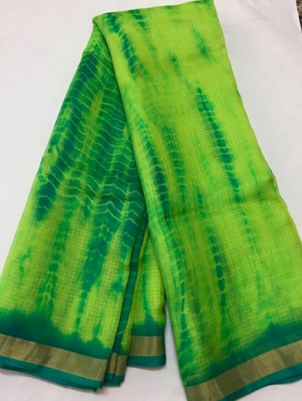 Pure Silk Kota Doria Multi Tye-Dye Sarees Atlantis Green Colour with contrast blouse
